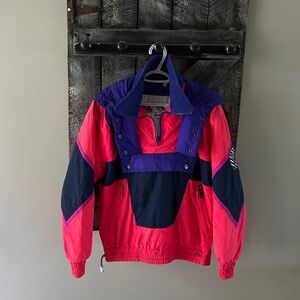 Women's Vintage Colour Block Pullover Ski Jacket w/Front Pouch & Hideaway Hood